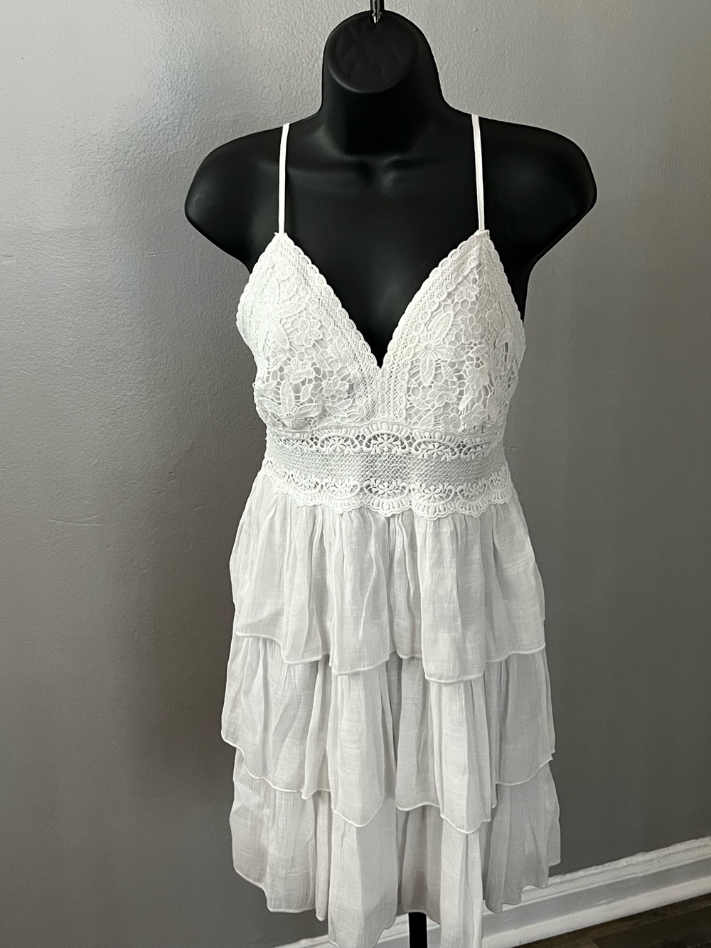 Rebellion /White Crochet Bodice Tiered Spaghetti Strap Mini Dress